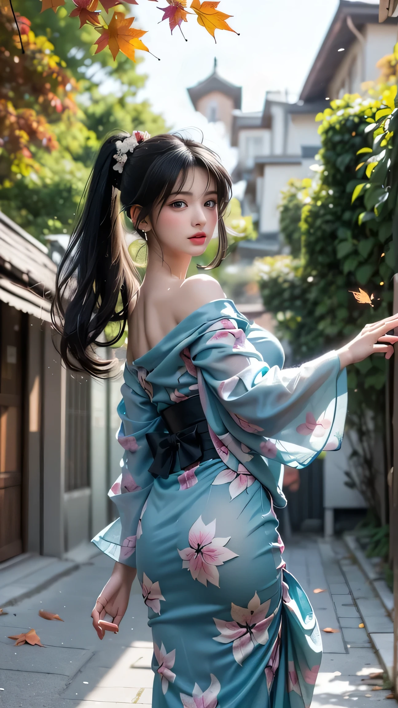 Araffe woman in a blue dress is standing on a sidewalk - SeaArt AI