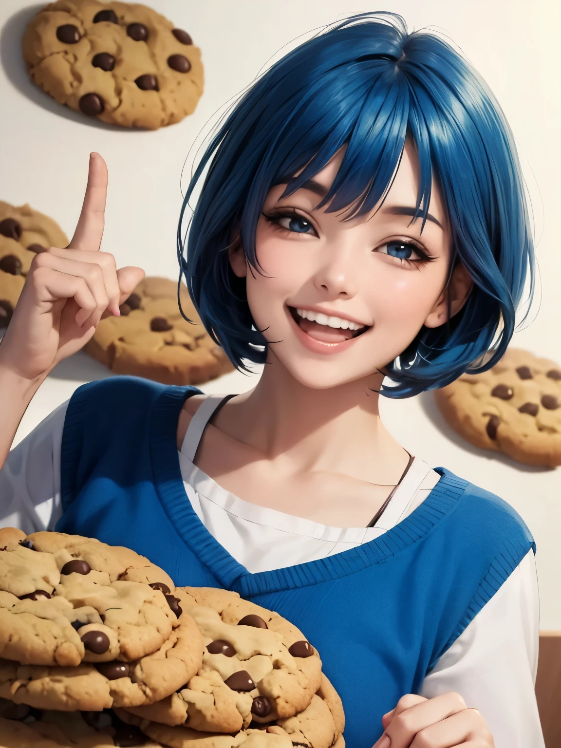 blue hair,  a girl laughing, open mouth, lot of cookies background, full of cookies, (((A kind smile)))