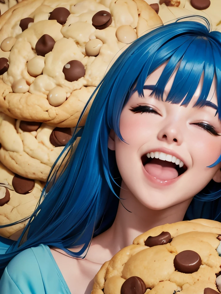 blue hair,  a girl laughing, open mouth, lot of cookies background, full of cookies,