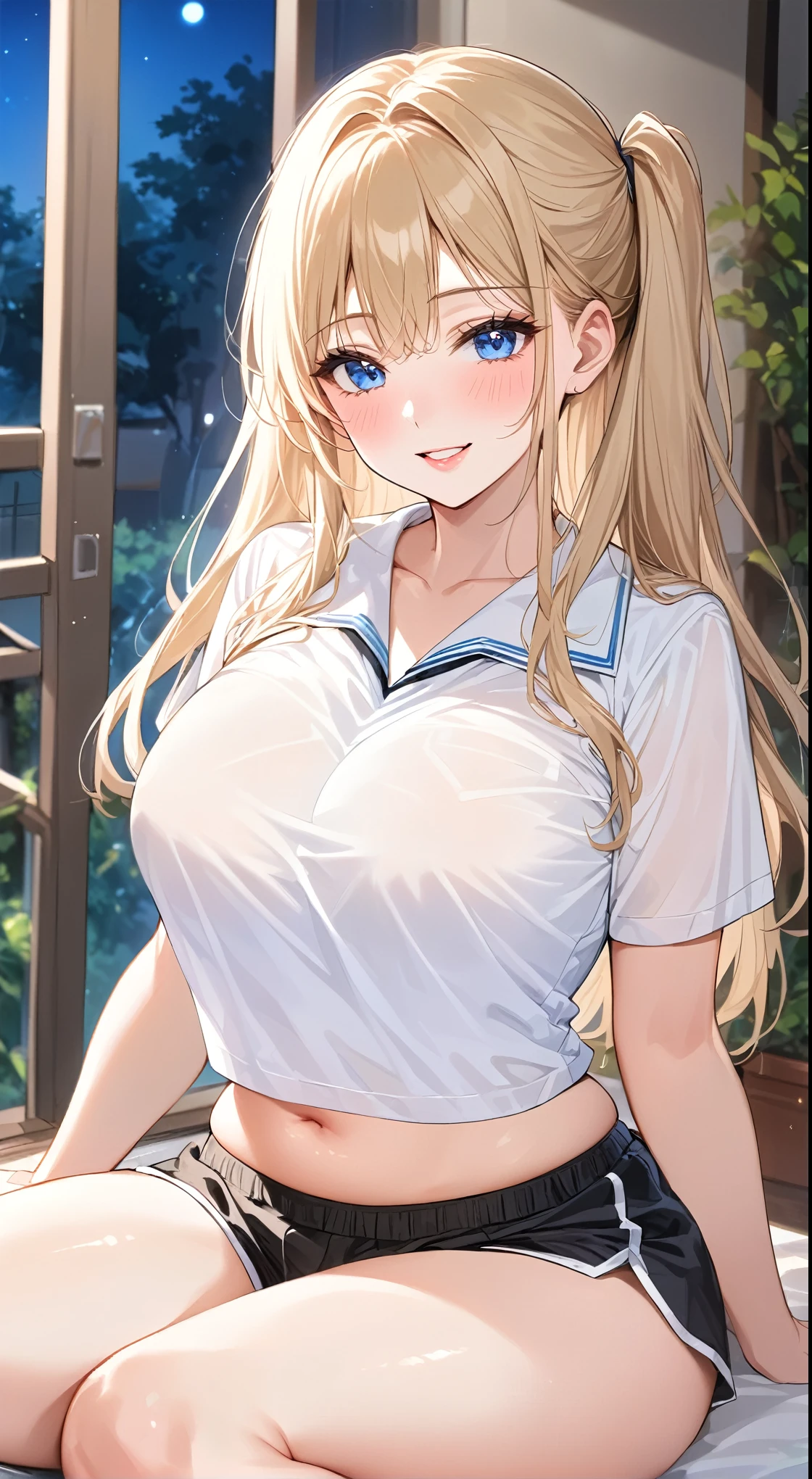 Adult, female, mature, Kitagawa Marin, very shy and blushing, fangs, nerdy, blonde with pink highlights, with long pigtails, shaggy hair, big blue eyes, voluminous bangs, parted bangs, long hair with bangs, hair in the eyes, perfect red eyes, perfect blue irises, voluptuous body, medium breasts, plump lips, slender figure, beautiful, schoolgirl, white short-sleeved blouse, mesh shorts in physical education class uniform, sitting, in front of the house, trees and flowers, stairs, beautiful clothes, sensual pose, techno, at night, in cyber decor, sexy woman, very flushed, naughty smile, mischievous, happiness, very blushing with shyness, seductive, close up, (Masterpiece, Anatomically Correct, Accurate, Best Quality, Detail, High Details, Quality, Super Detailed, High Quality, Skin Detail, Amazing Skin Detail), (SuperQuality:1.0) ~ (SuperQuality:1.2)