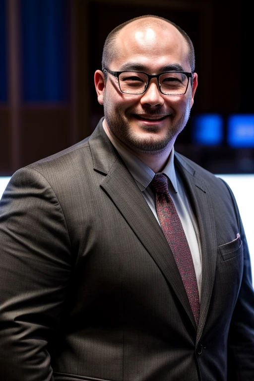 An award-winning original photo, A bear man, Japanese man, (30 years old daddy: 1.1), 1 man, Solo, (business suit), pudgy physique, bald, chubby and stout, stubbles (Detailed body), realistic eyes, glasses, smiling, looking at viewer, lighting (Best quality, high resolution, Photorealistic), Cinematic lighting, Masterpiece, RAW photo, Intricate details, hdr, depth of field, upper body and face shot (realistic: 1.4), (from the front), daylight