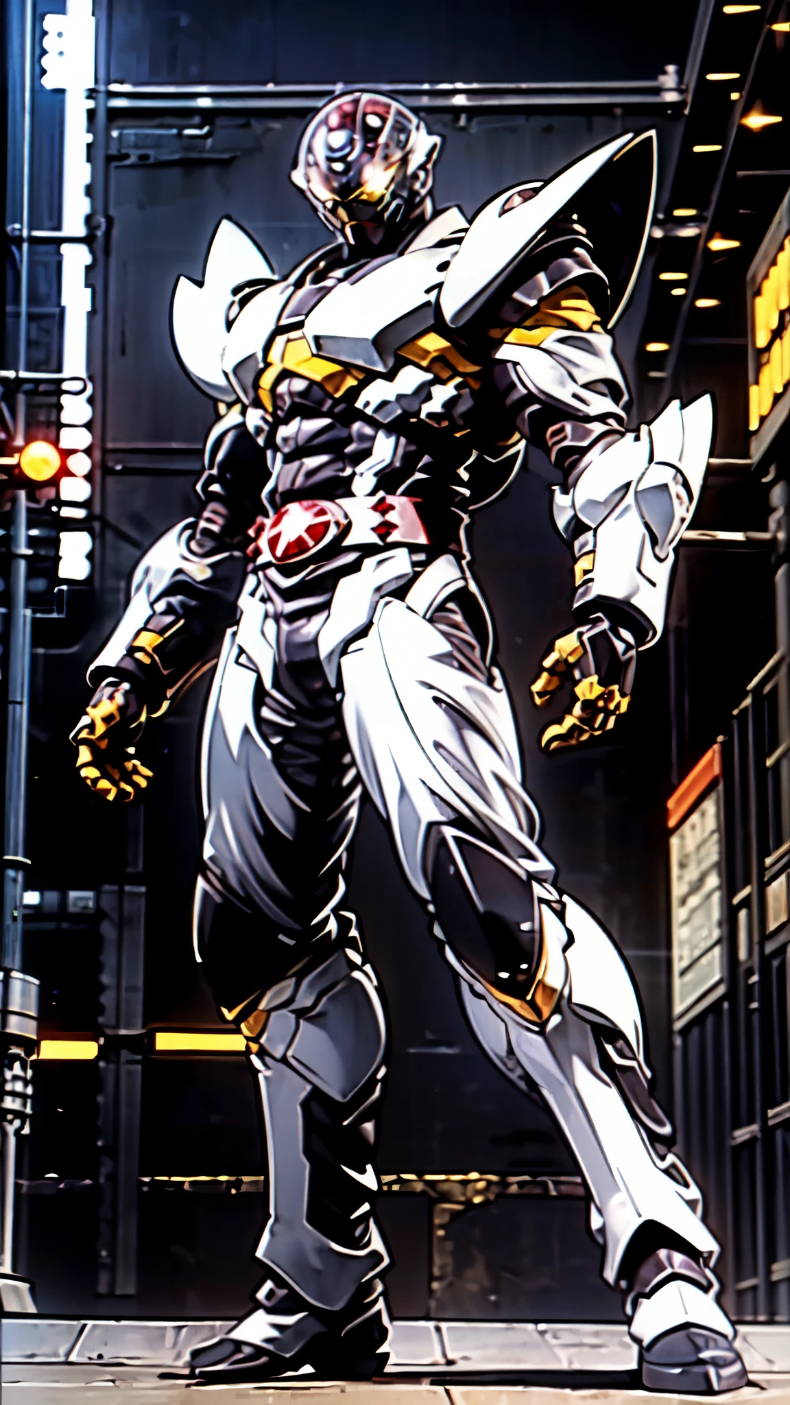 (masterpiece:1.5, best quality:1.5, extremely delicate:1.5, foreshortening:1.5, dynamic angle:1.5), ((male:1.5)), a man wearing a full-face helmet, a biotech armored combat suit, green eyes, (a composite layered chest armor), fully enclosed shoulder guards, matching arm and leg guards, a belt of gemstone, (the color scheme is primarily Blue with White and Red accents), the design balances heavy with agility, a high-tech bio-mecha armor, (Armor Concept Inspired by Kamen Rider, stand of a futuristic sci-fi city), this character embodies a finely crafted Superhero in anime style, exquisite and mature manga art style, (the armor glows), metallic, high definition, highres, ultra-detailed, ultra-fine painting, professional, perfect body proportions, golden ratio, anatomically correct, symmetrical face, extremely detailed eyes and face, high quality eyes, creativity, RAW photo, UHD, 32k, Natural light, cinematic lighting, masterpiece-anatomy-perfect