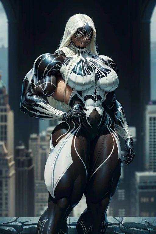 (((Close-up))), tall, (White hair) beautiful muscular woman, long straight hair, brown skinned, closed smile, large breast, (black lipstick), (massive muscles), (hyper muscle), ((ginormous bulky muscles)), blue eyes, ((((white batwoman suit)))), ((white Batwoman pants)), gauntlets, choker, boots, (in gotham city)