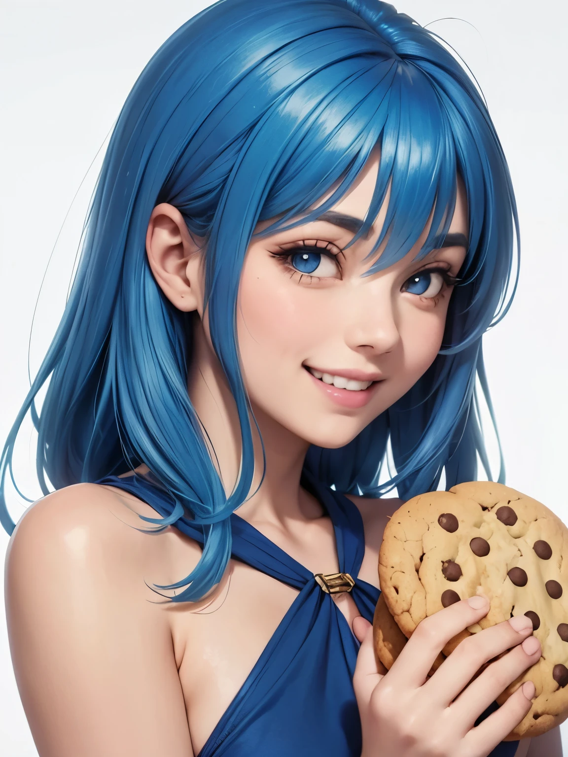 blue hair,  a girl laughing, open mouth, lot of cookies background, full of cookies, (((A softly smile))), touch the eye,