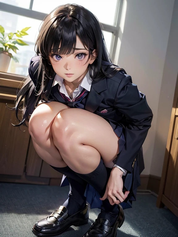 One girl, JK, 1, Highly detailed beautiful face, neat straight horizontal bangs, very long black hair, purple eyes, school uniform with navy blue blazer on top, navy blue mini pleated skirt, black socks, loafers. School classroom, leaning forward facing the viewer, standing by the window removing pink panties, legs slightly spread, dynamic angle, low angle from the front, shoujo manga style. Stop 4. (((Best quality, photorealistic:1.3, masterpiece)))