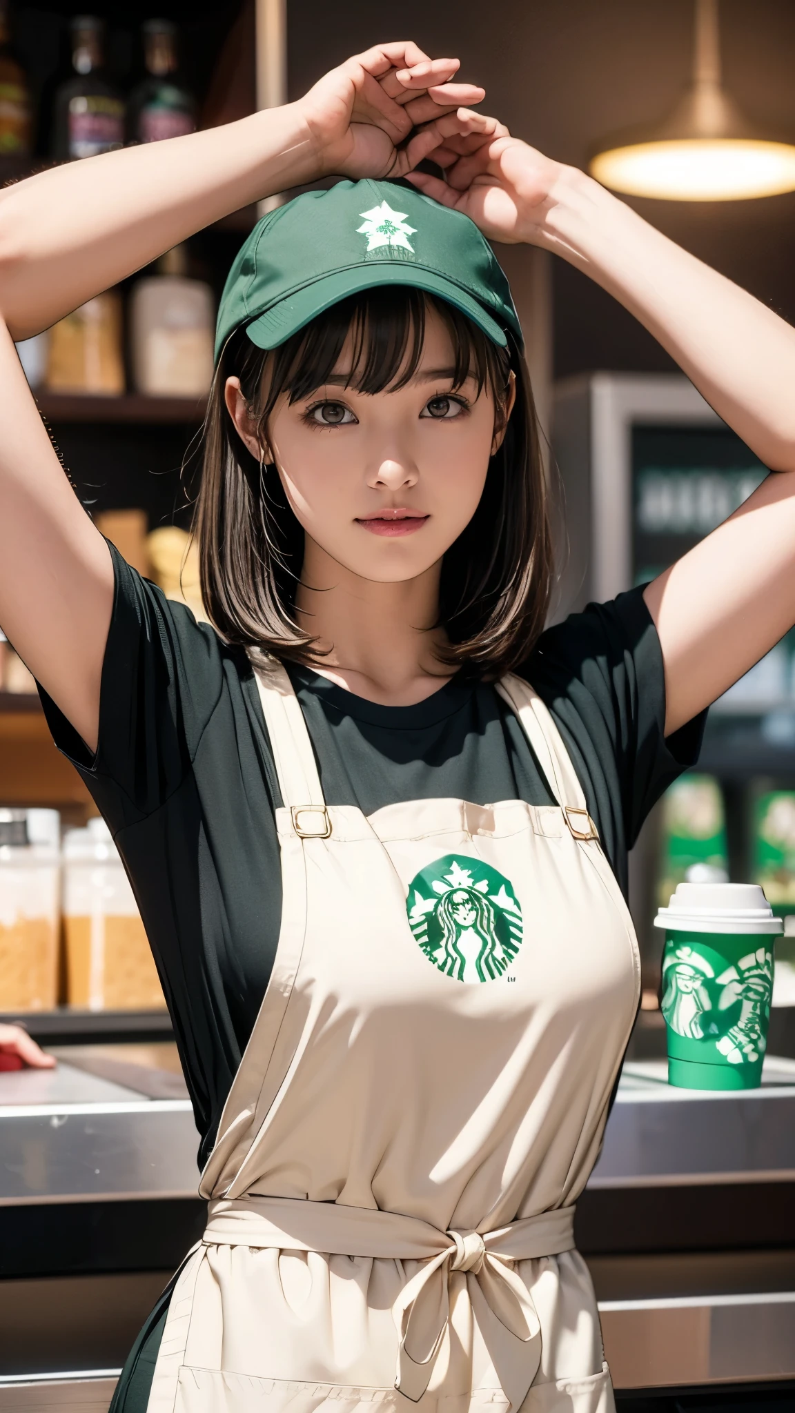 1womanl、(Super beautiful)、(beauitful face:2)、(A detailed face:1.5)、(A detailed eye:1.1)、(Detailed lips:1.1)、(Detail nose:1.1)、(Shot from the knee up:1.1)、(Starbucks clerk in Japan)、(Starbucks Uniforms:1.1)、(She lifts her skirt to reveal her pussy:1.3)、(Bare legs:1.5)、(no panties) 、Brown hair、(Standing inside a Starbucks store)、(At SFW:1.3)