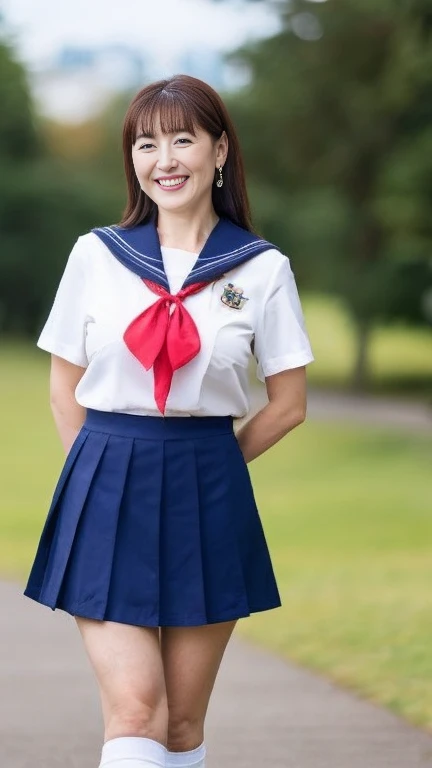 Japanese Mature,(60 years old:1.2),White skin,(Plump figure,Large Breasts,Emphasizes plump thighs:1.1),(Japanese high school uniform,Sailor suit,neckerchief,Ultra short micro mini skirt,Short socks,Wearing loafers:1.2),Wearing earrings,(Standing in the park,Full body shot from head to toe:1.2),Mature woman wearing high school uniform,full body,looking at viewer,smile,surrealism, depth of field, from below, Sony FE, 8k