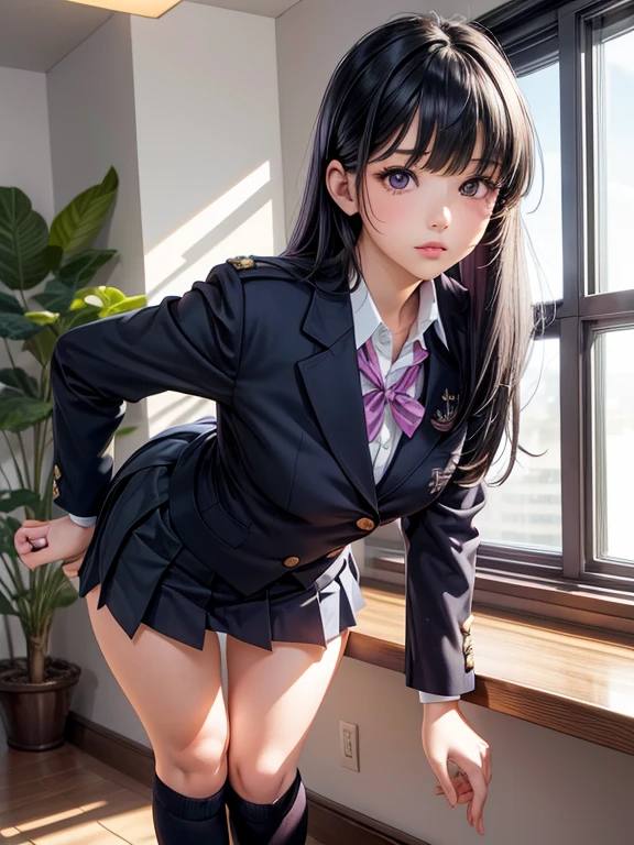 One girl, JK, 1, Highly detailed beautiful face, neat straight horizontal bangs, very long black hair, purple eyes, school uniform with navy blue blazer on top, navy blue mini pleated skirt, black socks, loafers. School classroom, leaning forward facing the viewer, standing by the window removing pink panties, legs slightly spread, dynamic angle, low angle from the front, shoujo manga style. Stop 4. (((Best quality, photorealistic:1.3, masterpiece)))