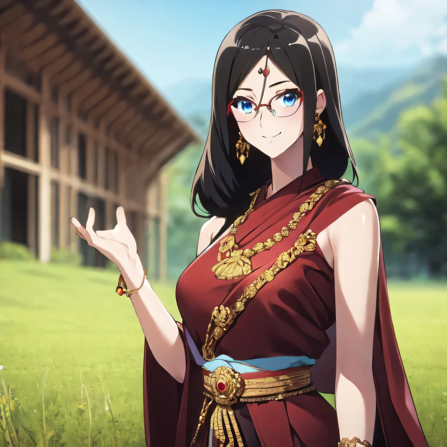 Best quality, masterpiece, High resolution, alone, {Thanaka_Asuka_Euphonium sound:1.15}   black_hair, long_hair, glasses, Light blue_Eyes, shy, Red frame_glasses, Seraph, Beyond the Limit_glasses, Semi-rimless_glasses, hair_between_Eyes,   Look at_Viewers, smile,  (Standing, Grassland, Thai Buddhist temple backdrop:1.4) ((Thai princess:1.3)),(Gorgeous thai costumes with Complex details,The outfit is so pretty.,Beautiful gold jewelry, Complex details,Luxury jewelry,Beautiful edge, Complex details,Minerals:1.2),