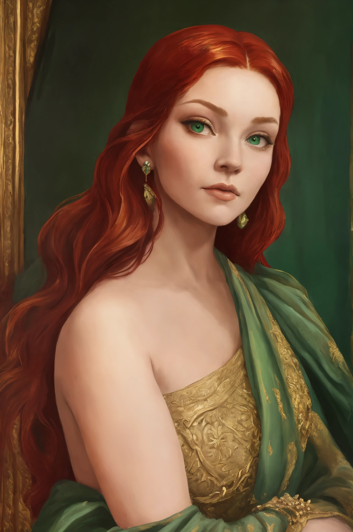 oil painting, oile painting portrait of a beautiful young woman with piercing green eyes, lush red hair, and delicate facial features, Olenna Tyrell from Game of Thrones, 1girl, elegant portrait, detailed face, intricate jewelry, ornate dress, medieval fantasy, cinematic lighting, dramatic colors, elegant, regal, oil, painting, 8k, ultra-detailed, high quality, renaissance style painting.