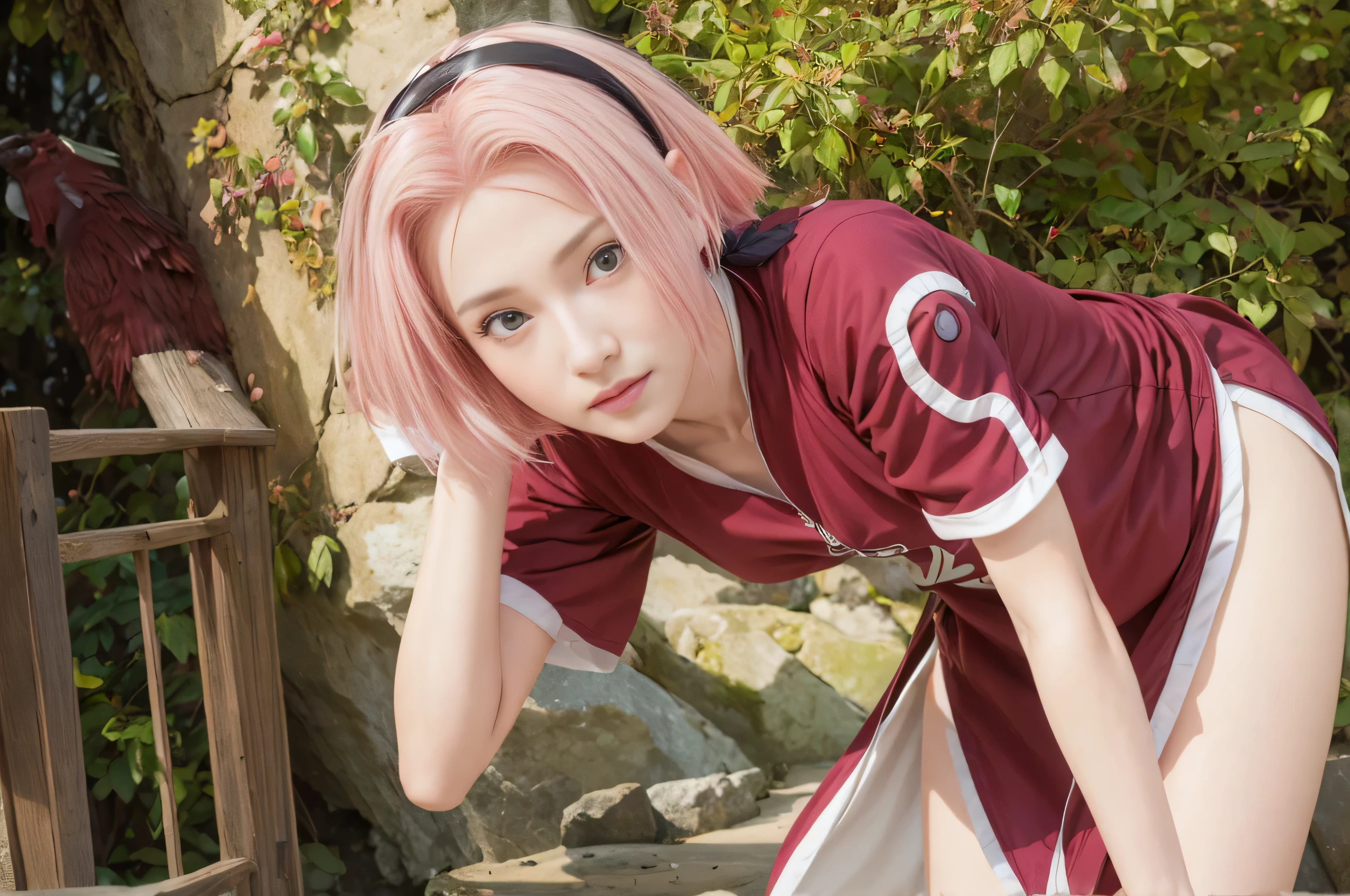 masterpiece, best quality, (realistic,photo-realistic:1.4), (RAW photo:1.2), extremely detailed CG unity 8k wallpaper, delicate and beautiful, amazing,finely detail, official art, absurdres, incredibly absurdres, huge filesize, ultra-detailed,extremely detailed eyes and face,light on face,(little smile),(pink hair:1.4),(red clothes:1.5),(very short hair:1.4),haruno sakura,(nature background:1.4),(teen girl:1.5),blue hairband