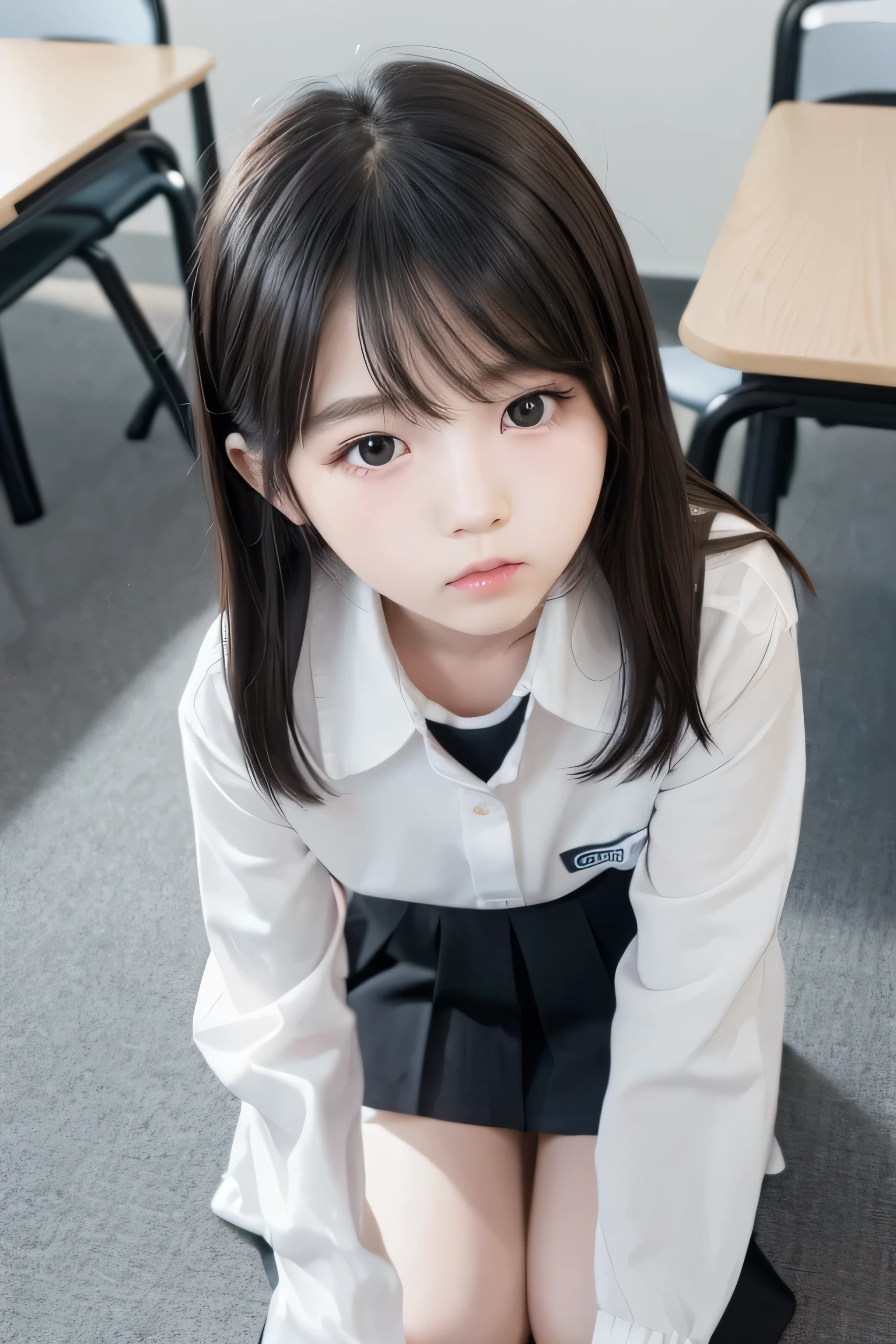 ((realistic image)), ((high definition)) ((real)), image from top to bottom, korean girl, girl, , short stature, thin body, cute childish face, black hair, white skin, clothing schoolgirl, empty classroom