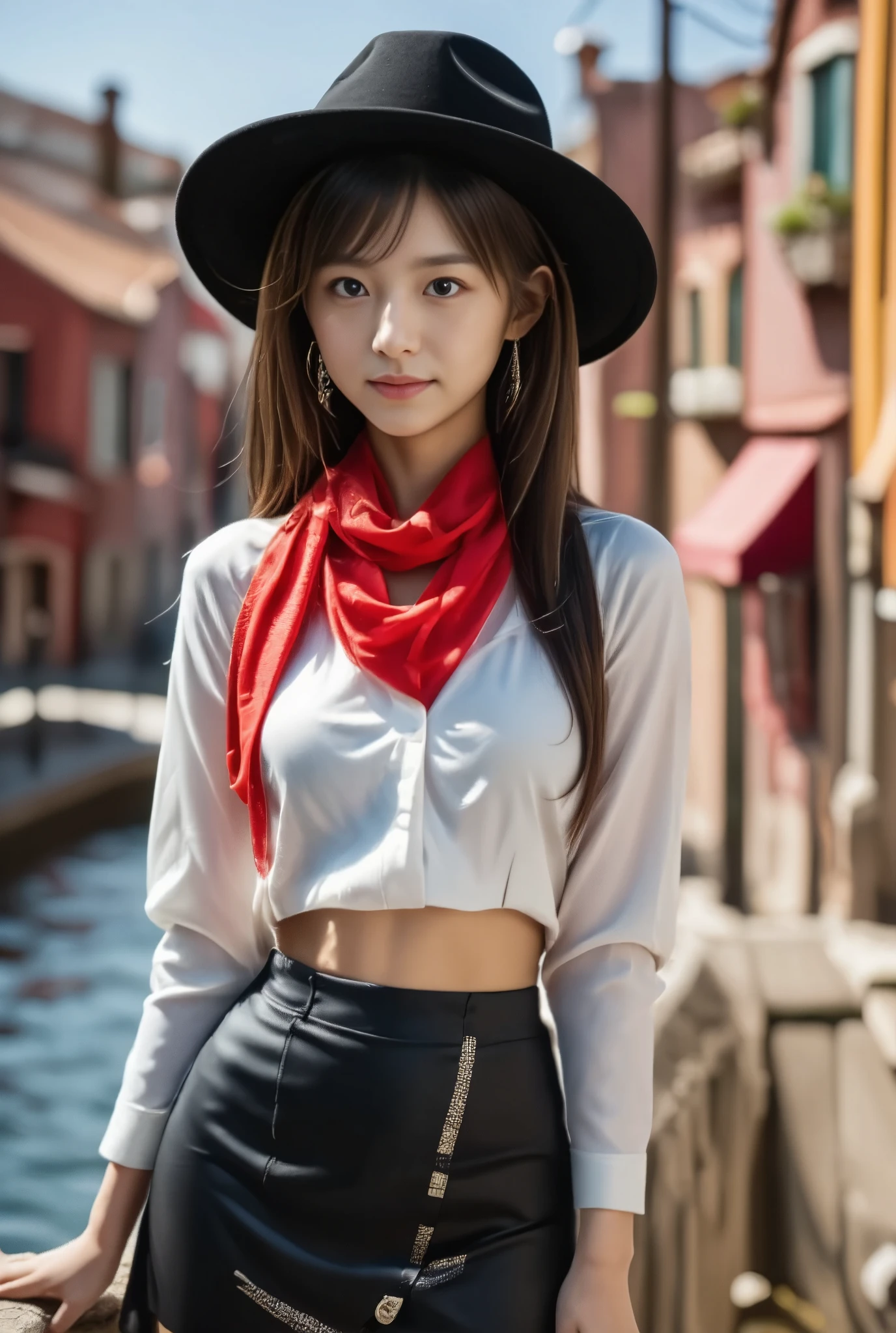 photo of Japanese girl, focus on the eyes, 1girl, long hair, brown hair, slim body shape, photograph showing head to knee, high contrast, faint smile

Large-brimmed black hat, white long-sleeved shirt with sleeves rolled up to elbows and white tank top, shirt fully buttoned, bright red scarf loosely around neck, simple necklace, silver earrings and bracelet, black leather mini skirt, sparkling black net tights, knee high Black boots, colourful streets of Burano in background