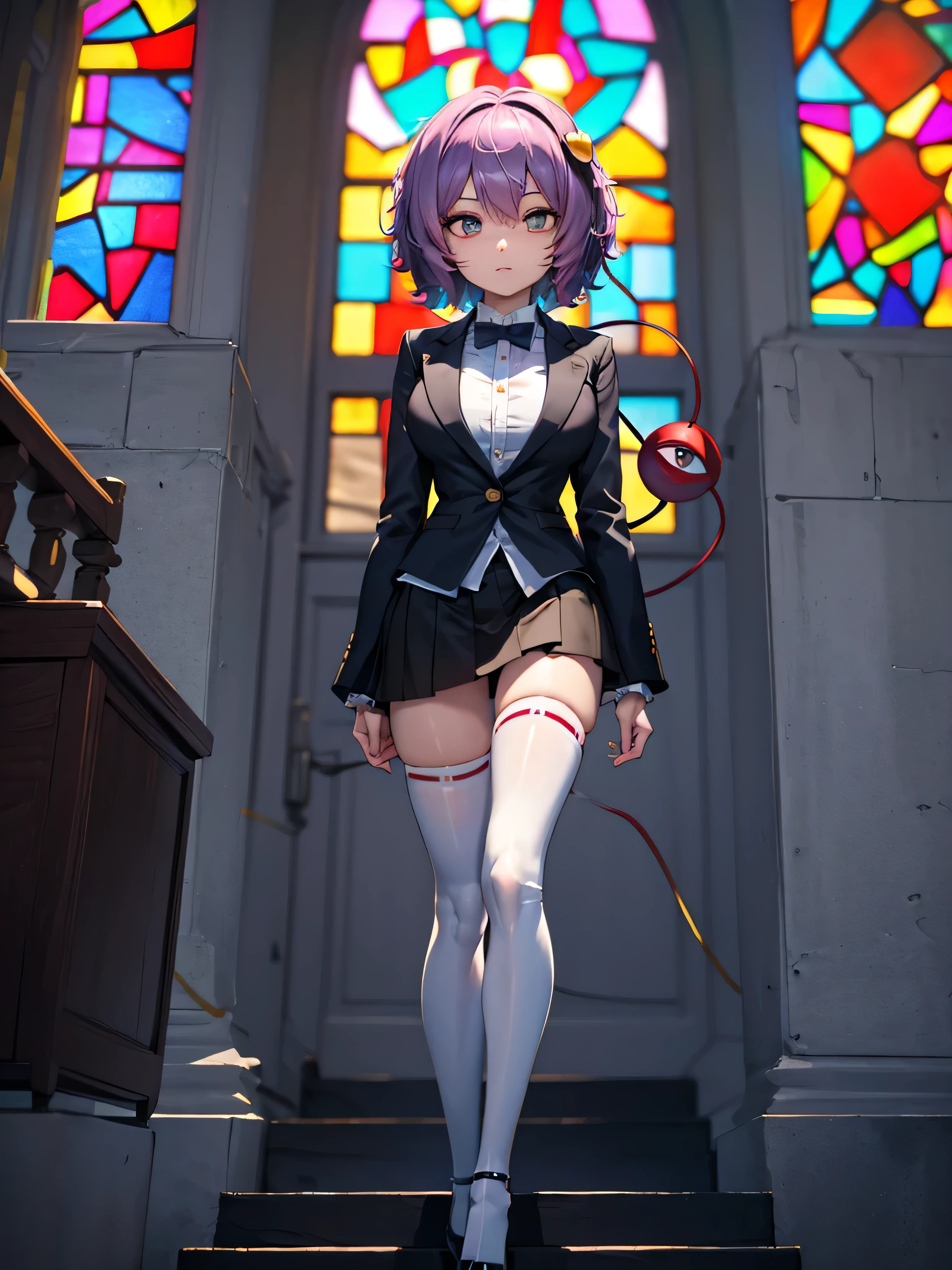 (Satori toho character standing alone), (solo), (stained glass), BREAK, short hair, large breasts, swaying back, (inconceivably narrow skinny waist), very short torso, long legs, BREAK, (black blazer:1.2), (black thighhighs:1.2), very short black skirt, (thigh gap), highheels