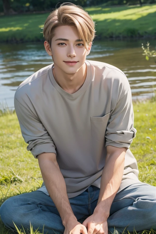 masterpiece，Best Quality，4K，Handsome，male，Fair skin，Light grey eyes，Thin face line，Light chestnut hair color，Daytime，sitting in the grass by the river，Relaxed facial expression，Moist eyes，A kind smile，Casual clothing
