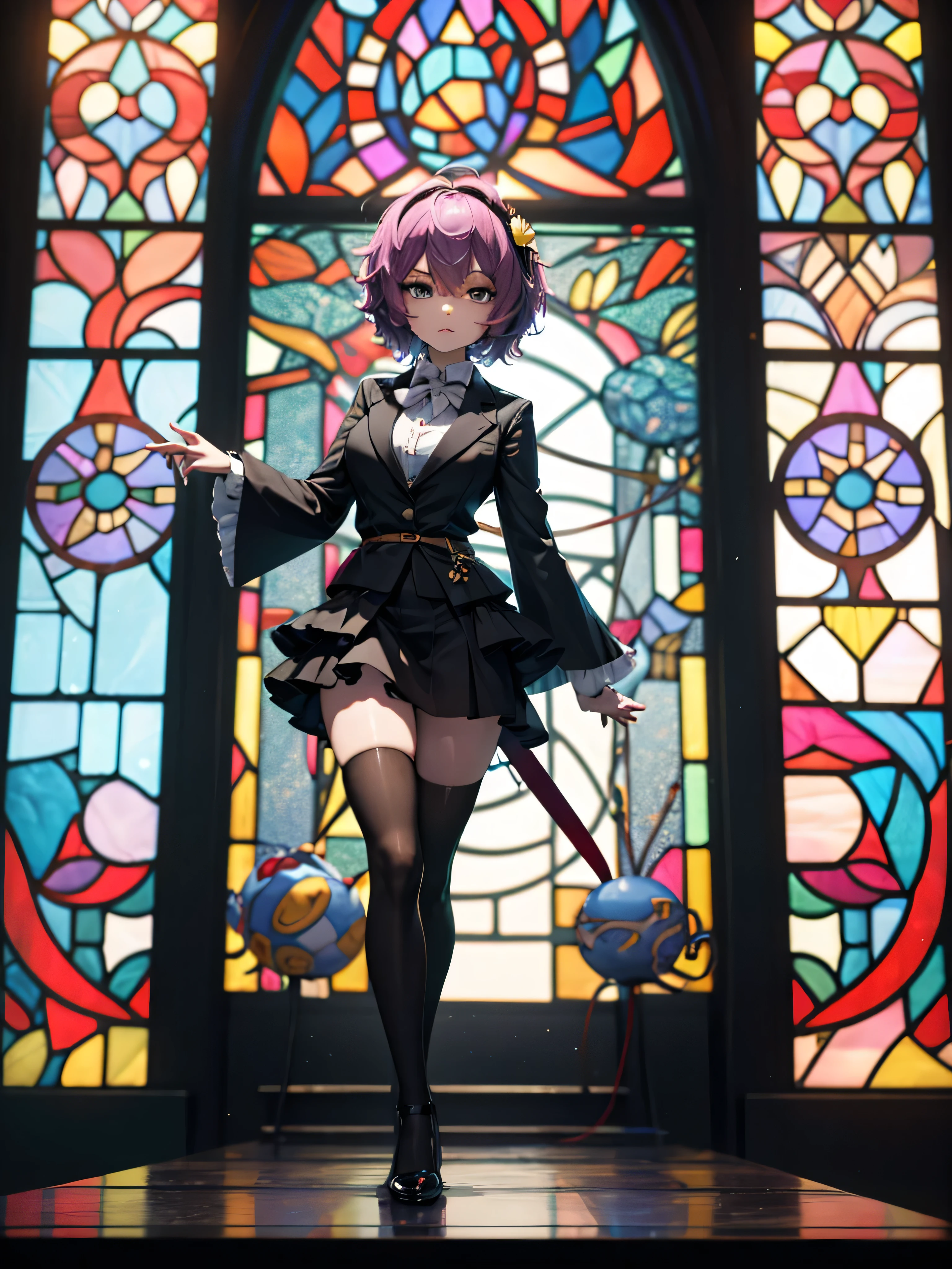 (Satori toho character standing alone), (solo), (stained glass), BREAK, short hair, large breasts, swaying back, (inconceivably narrow skinny waist), very short torso, long legs, BREAK, (black blazer:1.2), (black thighhighs:1.2), very short black skirt, (thigh gap), highheels