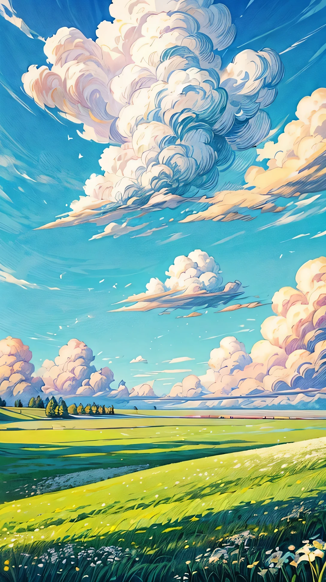 (landscape), A wide, open field of soft green grass dotted with tiny white flowers, gently swaying under a light breeze from the clear blue sky, amazing sky, amazing clouds, beautiful sky, beautiful clouds, colored sky, high qualitity sky, a lot of clouds