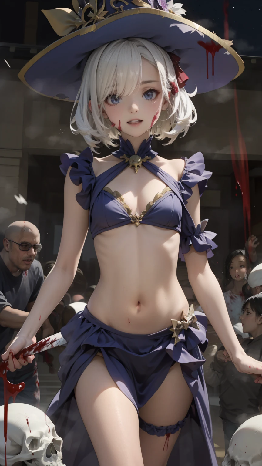 ,Multiple Girls,Frolicking Girl,Multiple women,Tea Party,Crazy Smile,Look up,Face shot,Scythe Face,Girl Monster, slave,beautiful, Detailed portrait, Gentle features, Sharp Eye, Sharp Fangs, Pale skin, Thick Chain, Dark Background, Cinema Lighting, Dramatic Shadows, Gothic style, Gloomy atmosphere, Dark fantasy, One Girl, , Open your mouth wide, Open your mouth and bar your teeth,Sharp teeth like a beast, Wide lips, Very wide mouth, Red cheeks, ,(Blood splatter:1.6),Scary face, Laughter　Witch design, Twisted Smile、Bloody、Blood coming out of the head,、Blood splatter、,(Blood splatter:1.6),Crossbones, skull,　, Horror Style, ((fantasy witch costume)), ((White hair fluttering)), ,(Blood splatter:1.6),Female Curves, Large Breasts, Thick thighs, Sexy flat stomach, Perfect hands, Perfect anime face, ((Darkta Dress)), Standing, ((Wicked Smile)), ,(Blood splatter:1.6),Victorian city, Gas lamp, Steam circulation, Moonlight Illumination, night lighting, A sky filled with stars and galaxies,disaster々New Devil Horns,,(Blood splatter:1.6),アニメゾンビWitch design, Twisted Smile、Bloody、Blood coming out of the head,、Blood splatter、,(Blood splatter:1.6),Crossbones, skull,
