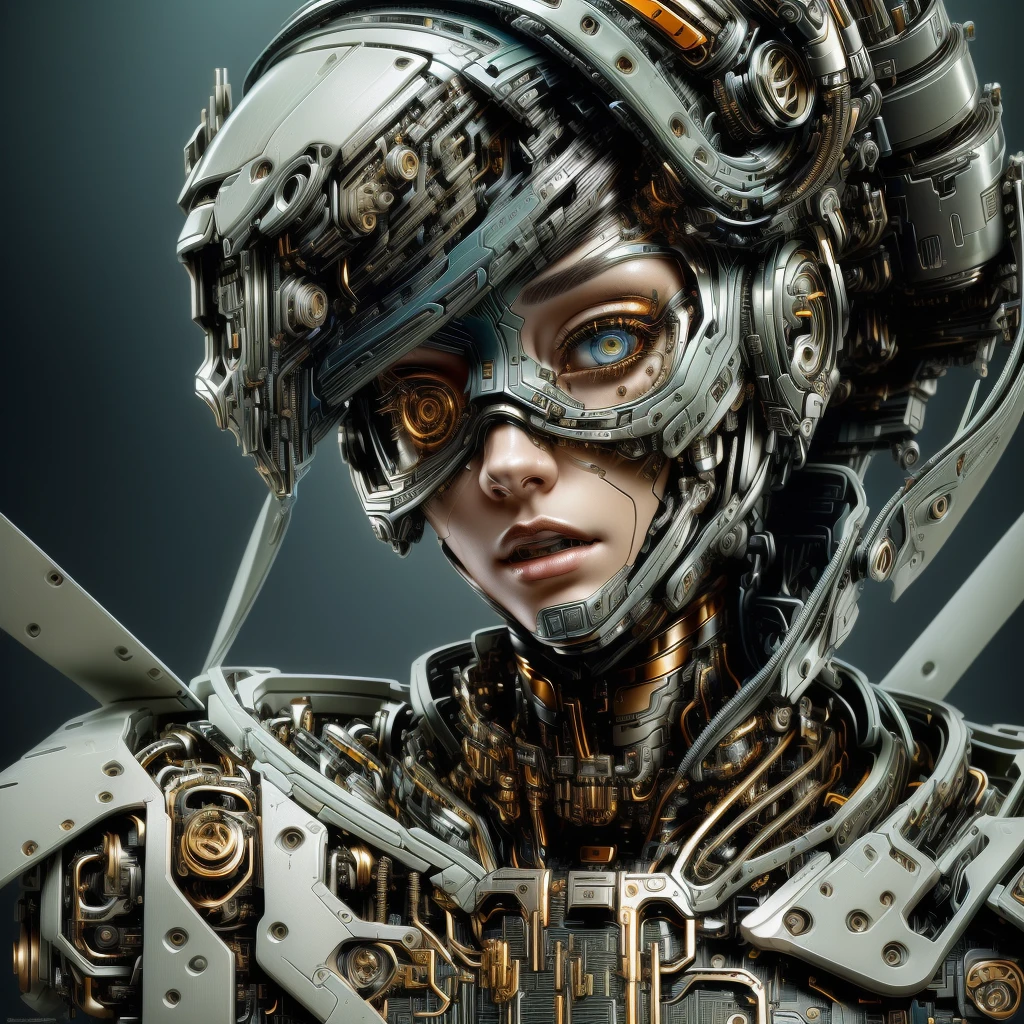 a close up of a person with a weird face and hair, intricate transhuman, humanoid woman, broken beautiful female android!, (best quality,4k,8k,highres,masterpiece:1.2),ultra-detailed,(realistic,photorealistic,photo-realistic:1.37), sci-fi digital art, cyborg woman, humanoid portrait, complex cybernetic beings, cyborg portrait, cyborg girl, cracked. biomechanical cyborg, detailed portrait of a cyborg, cyborg - girl, digital art 4k unsettling, beautiful detailed eyes, beautiful detailed lips, extremely detailed eyes and face, long eyelashes, intricate cybernetic enhancements, advanced biomechanical engineering, futuristic biomechanical design, hyper detailed metallic textures, advanced cybernetic implants, glowing cybernetic circuitry, striking neon color palette, dramatic chiaroscuro lighting, cinematic composition