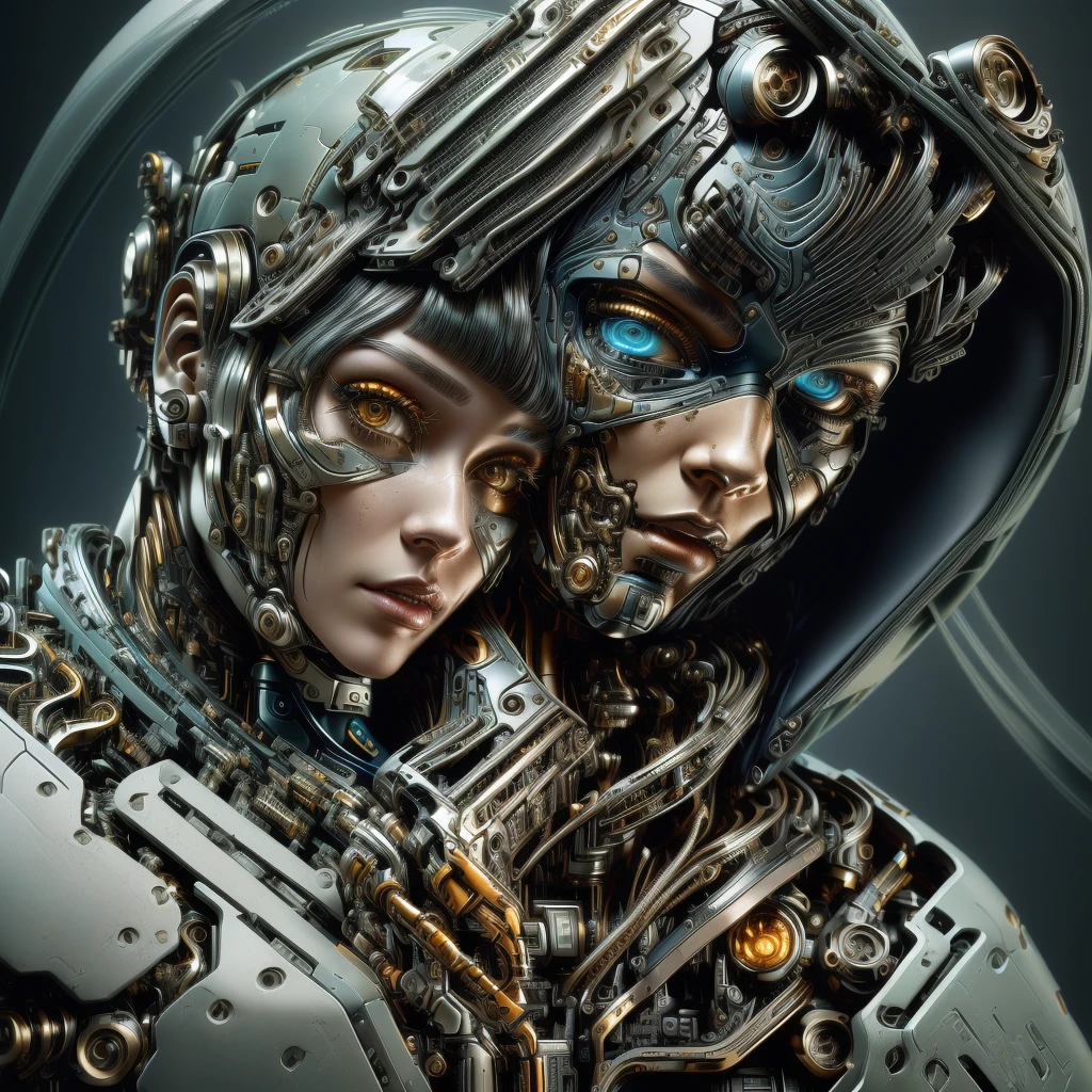 a close up of a person with a weird face and hair, intricate transhuman, humanoid woman, broken beautiful female android!, (best quality,4k,8k,highres,masterpiece:1.2),ultra-detailed,(realistic,photorealistic,photo-realistic:1.37), sci-fi digital art, cyborg woman, humanoid portrait, complex cybernetic beings, cyborg portrait, cyborg girl, cracked. biomechanical cyborg, detailed portrait of a cyborg, cyborg - girl, digital art 4k unsettling, beautiful detailed eyes, beautiful detailed lips, extremely detailed eyes and face, long eyelashes, intricate cybernetic enhancements, advanced biomechanical engineering, futuristic biomechanical design, hyper detailed metallic textures, advanced cybernetic implants, glowing cybernetic circuitry, striking neon color palette, dramatic chiaroscuro lighting, cinematic composition