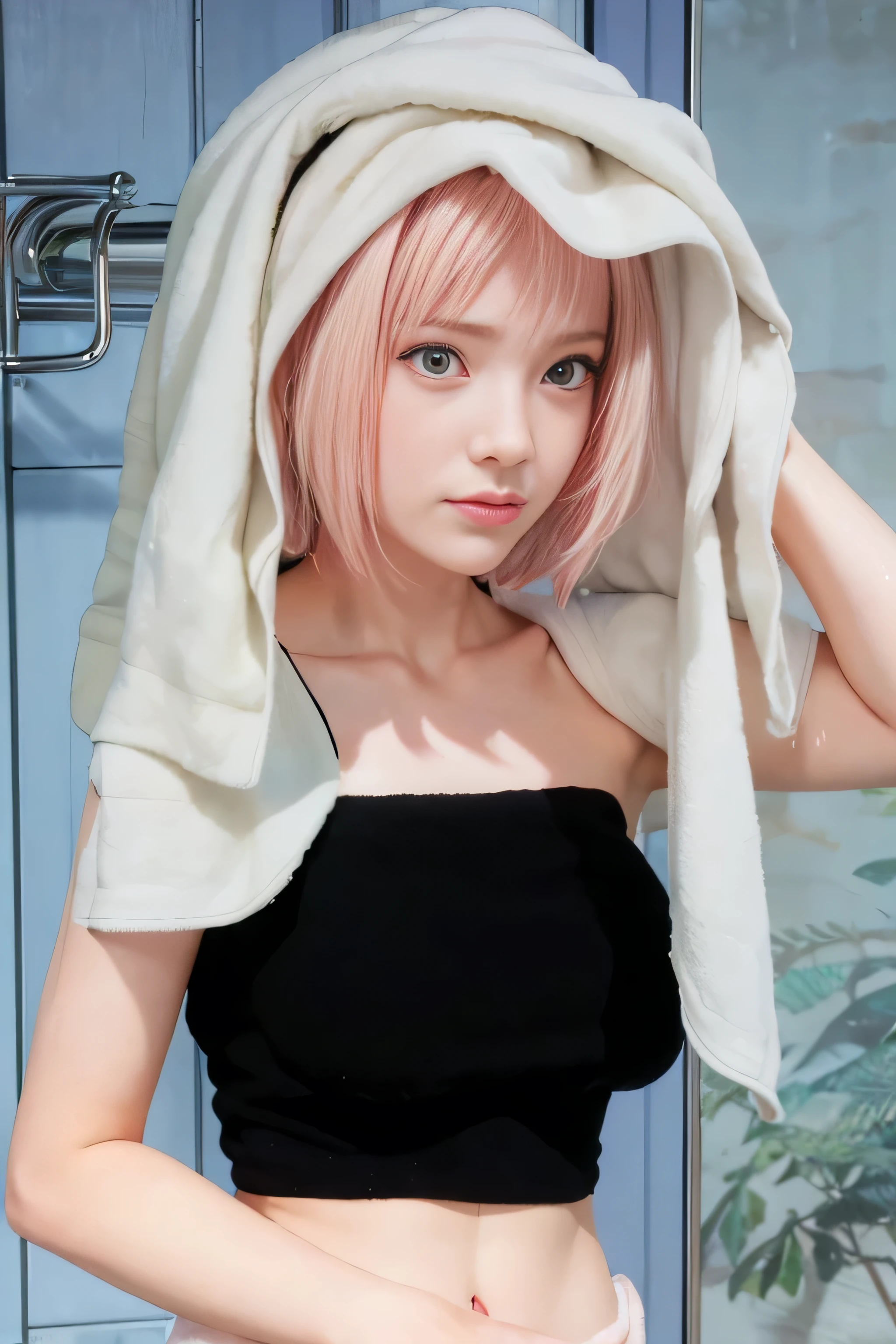 masterpiece, best quality, (realistic,photo-realistic:1.4), (RAW photo:1.2), extremely detailed CG unity 8k wallpaper, delicate and beautiful, amazing,finely detail, official art, absurdres, incredibly absurdres, huge filesize, ultra-detailed,extremely detailed eyes and face,light on face,(little smile),(pink hair:1.4),(towel:1.5),(very short hair:1.4),haruno sakura,(nature background:1.4),(:1.5),tube top