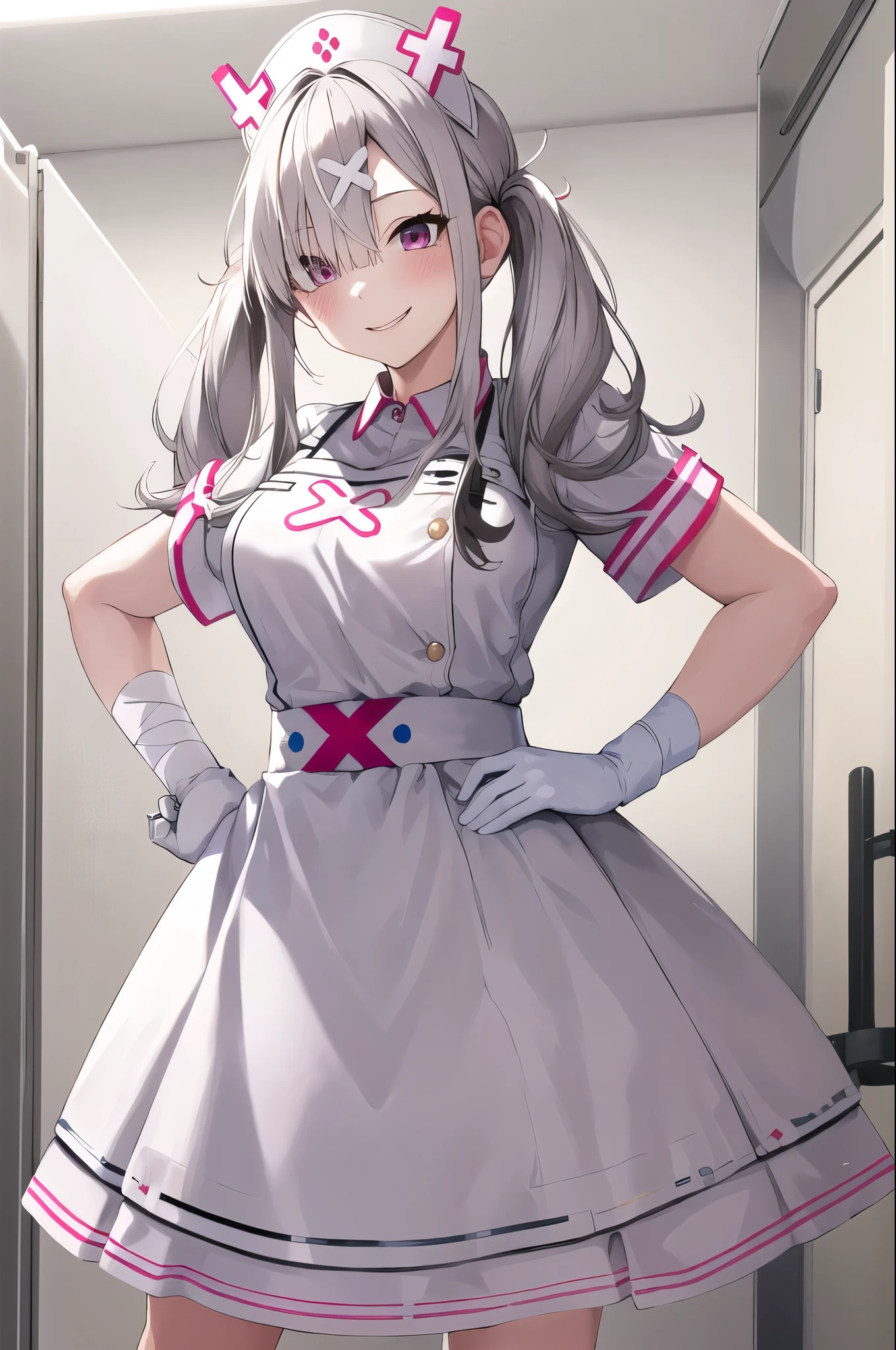 masterpiece, Best Quality, High resolution, sk1, White gloves, bandage, White apron, Short sleeve, nurse, bandageを巻いた腕, Wrist cuff, White Dress, tooth, Cowboy Shot, standing, Hospital bed, smile, Place hands on hips,