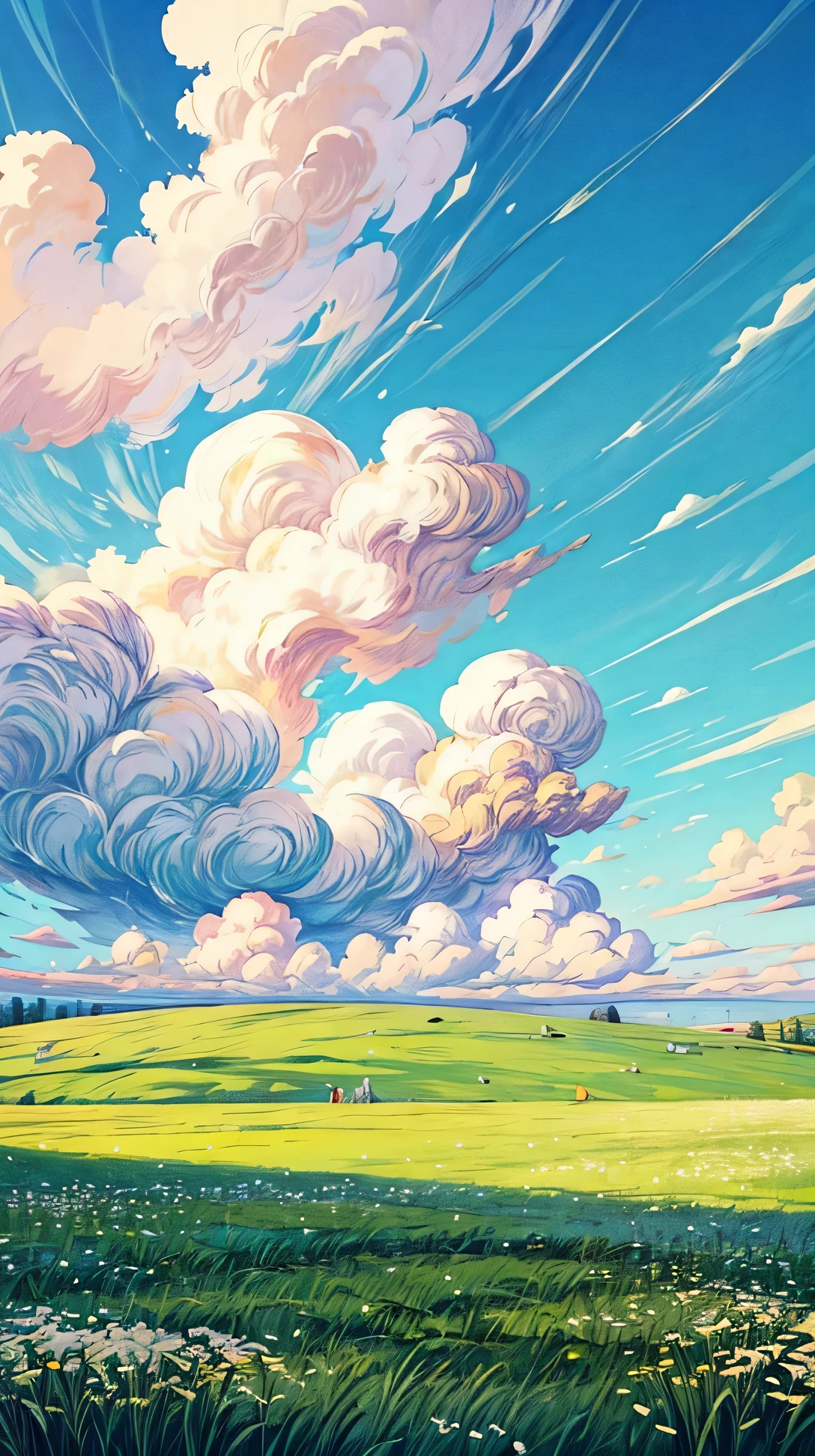 (landscape), A wide, open field of soft green grass dotted with tiny white flowers, gently swaying under a light breeze from the clear blue sky, amazing sky, amazing clouds, beautiful sky, beautiful clouds, colored sky, high qualitity sky, a lot of clouds