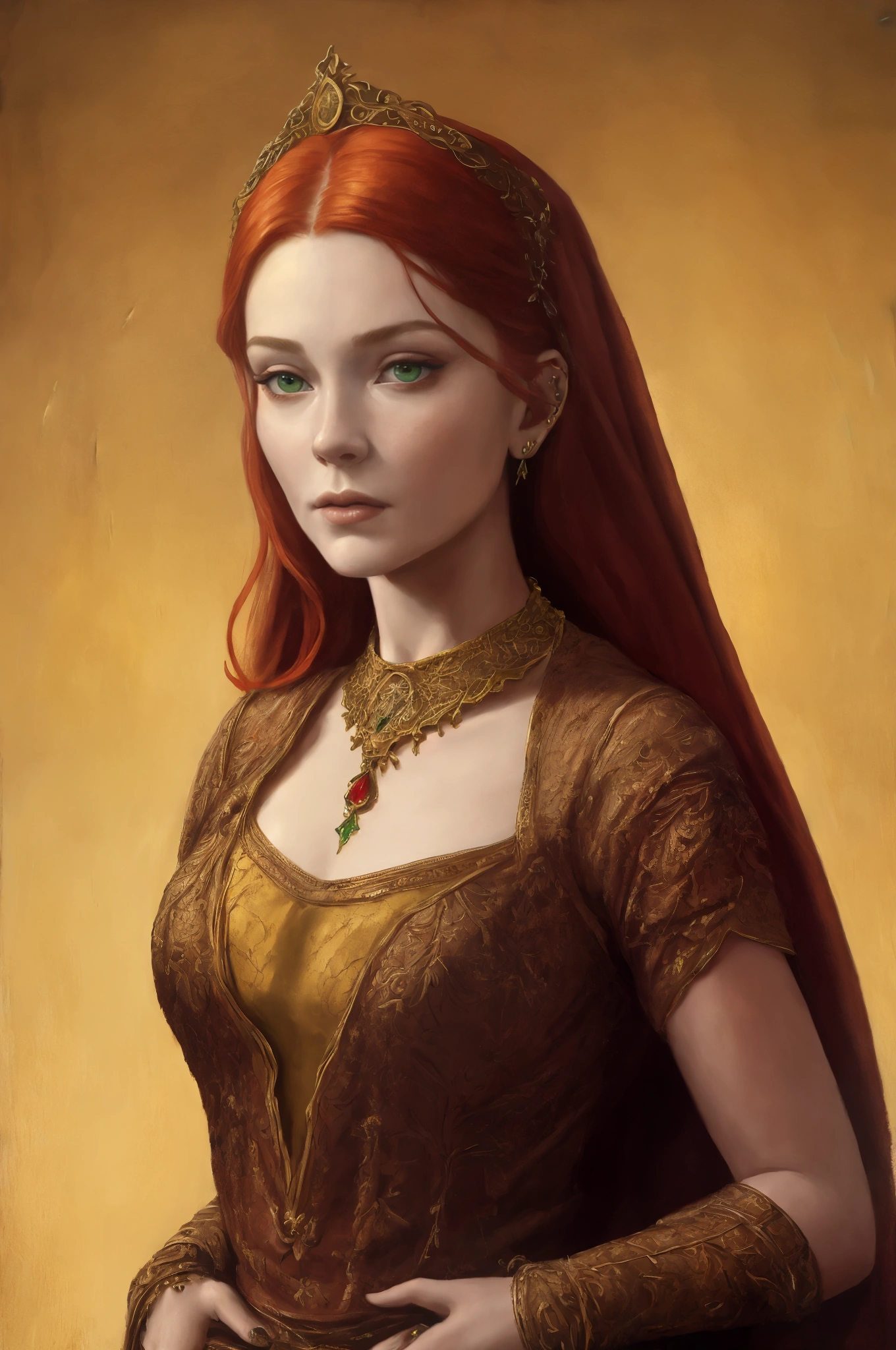 a woman with red hair, fantasy character portrait, the woman is wearing servant clothes, fantasy female portrait, fantasy genre portrait, detailed character portrait, inspired by Johann Friedrich Overbeck, a portrait of the character, rpg book portrait, epic portrait illustration, ((watercolor painting style))