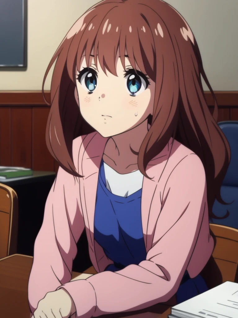 Ai shindou, 1girl, solo, long hair, floating hair, blue skirt, white tank up, brown hair,  long sleeves, blue sea eyes, staring to the side, with sweating air, tired expression, white tank up, ribbon, blue Shot, limp body on her desk
School Desk in the room,
masterpiece, high quality, very_high_resolution, large_filesize, full color,