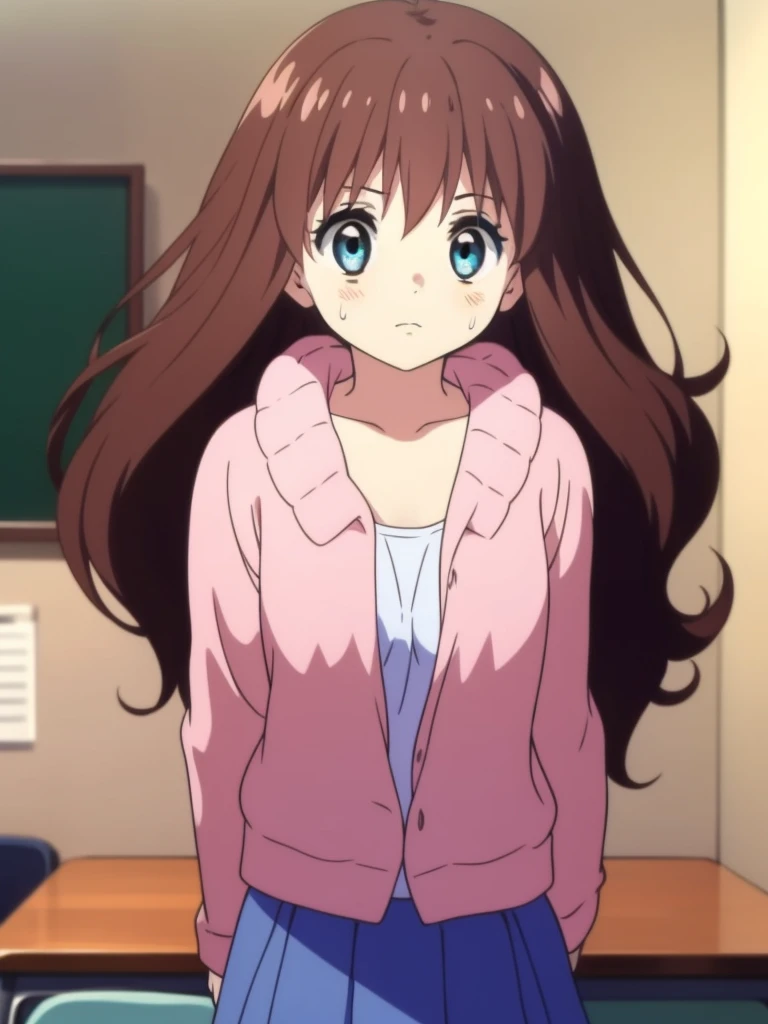 Ai shindou, 1girl, solo, long hair, floating hair, blue skirt, white tank up, brown hair,  long sleeves, blue sea eyes, staring to the side, with sweating air, tired expression, white tank up, ribbon, blue Shot, limp body on her desk
School Desk in the room,
masterpiece, high quality, very_high_resolution, large_filesize, full color,