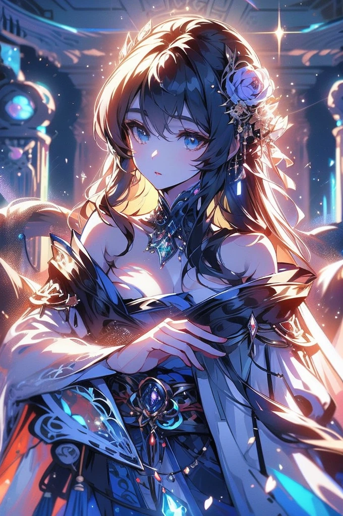 1 girl close up on face, beautiful and aesthetic, gorgeous, masterpiece, Best Quality, fantastic atmosphere, Soothing palette, Quiet, Soft shading, priestess with many chains around her body