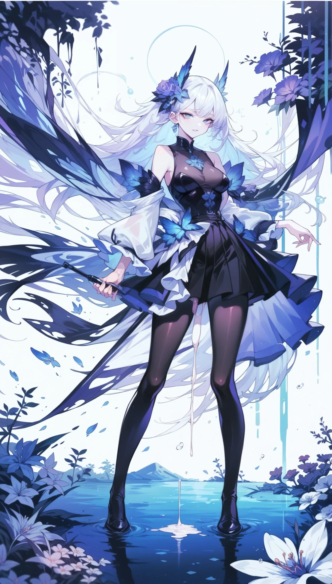 （（masterpiece：1.4，best quality）），（Super detailed），（Extremely detailed eyes），（black leggings，Shiny socks：1.5），Hello Darkness
((Sexy Girl，Large Breasts))，（Blood-red pupils，Diamond-shaped pupil：1.15），Purple Eyeshadow，（elongated hair，Thick hair，shiny hair：1.5）（By changing：1.2），White skin，tilt head to one side，kneel
（She wears blue armor，Tight cheongsam，：1.5），Very long plush sleeves，White，White Cloud，Dream bubbles ，Ice and glitter effects
（Black long skirt：1.1），
（dawn：1.2），
（Intense black and white：1.16），（Depth of Field：1.4），，Intricate details，(Castle in the Sky，Standing by the lake，Purple flowers by the lake)