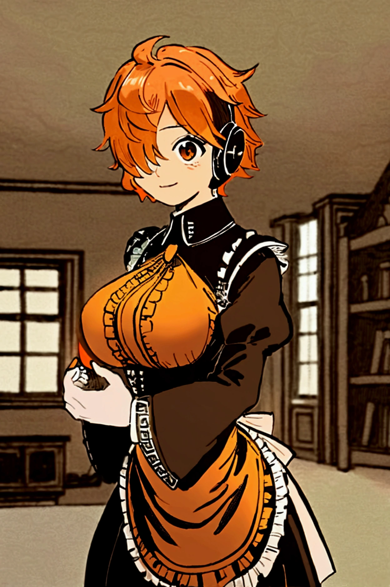 masterpiece, ((extremely detailed background, delicate pattern, intricate detail)), (highly detailed, fine details), best quality, beautiful lighting, ((big breasts skinny girl)), 1 , Lilith, (bangs covering one eye), ((Light orange hair)), headphones, brown eyes, maid&#39;s outfit , ((maid uniform )), detailed and complex background, indoors in the living room bedroom environment,  gray walls, window, bookshelf, (cowboy shot),  