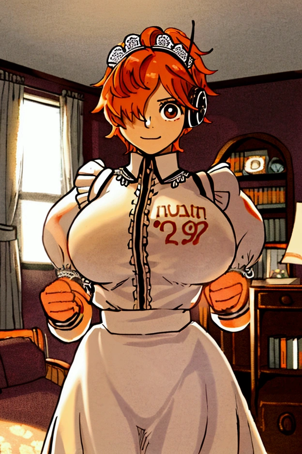 masterpiece, ((extremely detailed background, delicate pattern, intricate detail)), (highly detailed, fine details), best quality, beautiful lighting, ((big breasts skinny girl)), 1 , Lilith, (bangs covering one eye), ((Light orange hair)), headphones, brown eyes, maid&#39;s outfit , ((maid uniform )), detailed and complex background, indoors in the living room bedroom environment,  gray walls, window, bookshelf, (cowboy shot),  