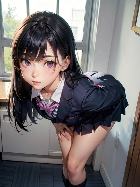 One girl, JK, 18 yo, Highly detailed beautiful face, neat straight bangs arranged horizontally, very long black hair, purple eyes, school uniform with navy blue blazer on top, navy blue mini pleated skirt, black socks, loafers. School classroom, leaning forward facing the viewer, standing by the window removing pink panties, In the middle of changing of clothes. legs slightly spread, dynamic angle, low angle from the front, shoujo manga style. Photogenic, Stop 4. (((Best quality, photorealistic:1.3, High resolution, masterpiece)))