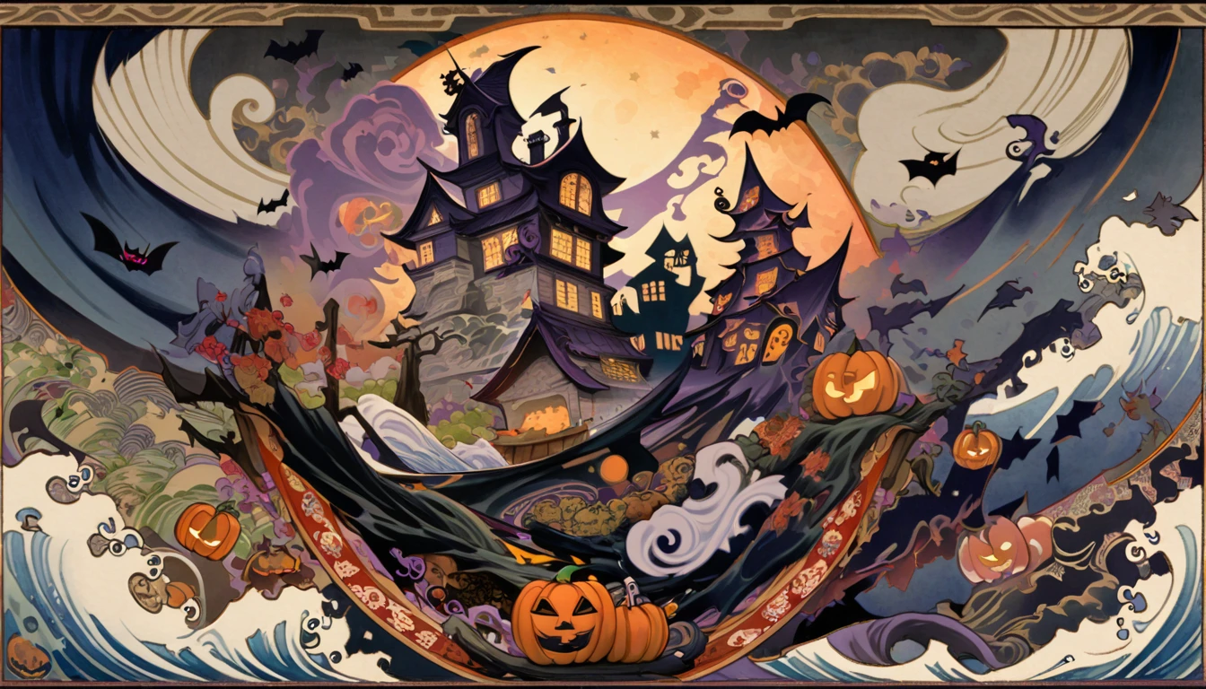 (halloween:1.8),  no humans, background only, best quality, super fine, 16k, incredibly absurdres, extremely detailed, 2.5D, delicate and dynamic, fusion of watercolors and oil paintings, mix of Japanese painting, ukiyo-e and woodblock prints, abstract symbolism, mystery, the big bang, no humans, 