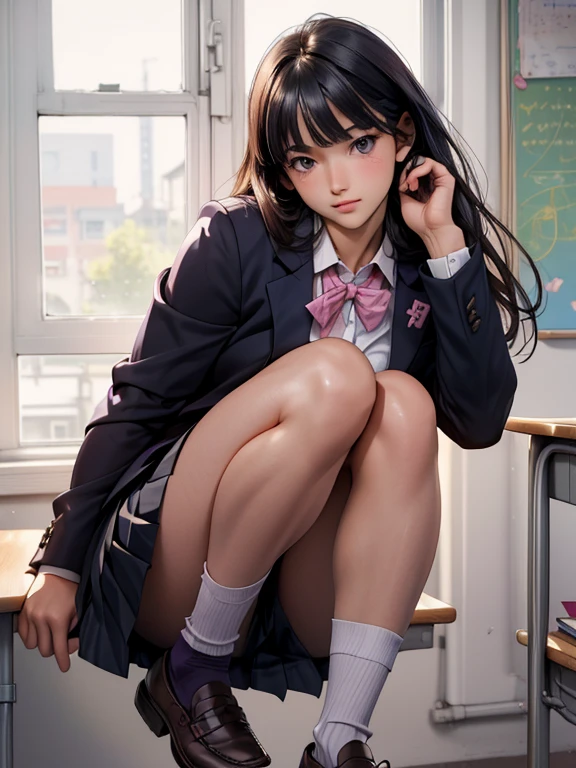 One girl, JK, 18 yo, Highly detailed beautiful face, neat straight bangs arranged horizontally, very long black hair, purple eyes, school uniform with navy blue blazer on top, navy blue mini pleated skirt, black socks, loafers. School classroom, leaning forward facing the viewer, standing by the window removing pink panties, In the middle of changing of clothes. legs slightly spread, dynamic angle, low angle from the front, shoujo manga style. Photogenic, Stop 4. (((Best quality, photorealistic:1.3, High resolution, masterpiece)))