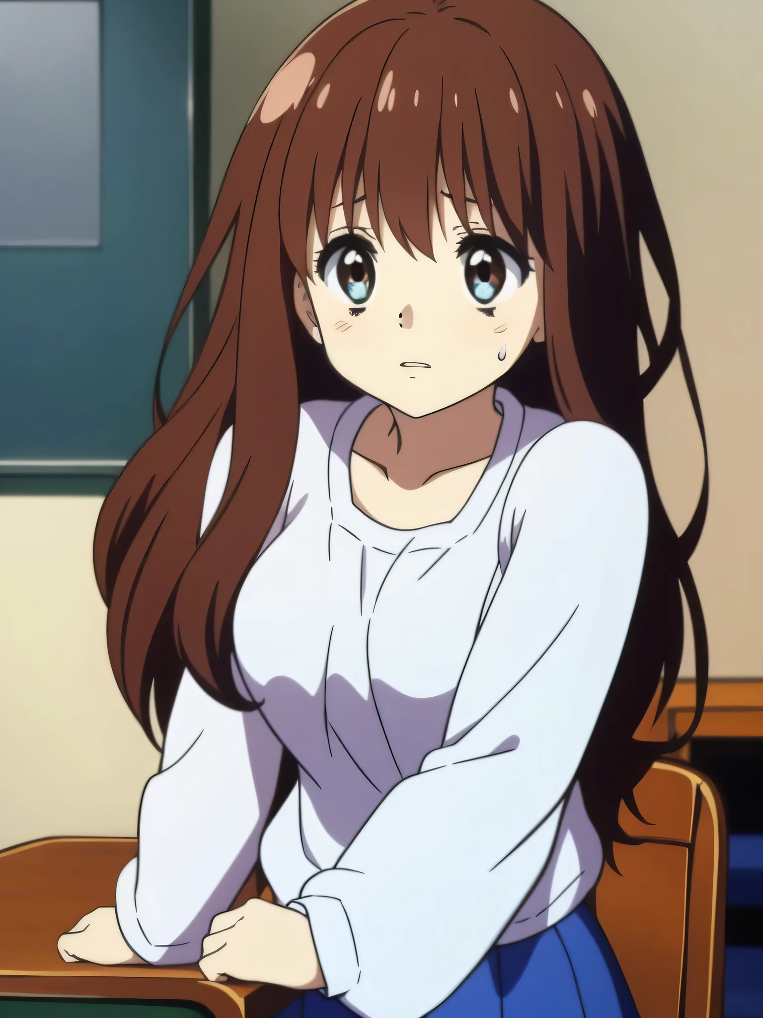 Ai shindou, 1girl, solo, long hair, floating hair, blue skirt, white tank up, brown hair,  long sleeves, blue sea eyes, staring to the side, with sweating air, tired expression, white tank up, ribbon, blue Shot, limp body on her desk
School Desk in the room,
masterpiece, high quality, very_high_resolution, large_filesize, full color,