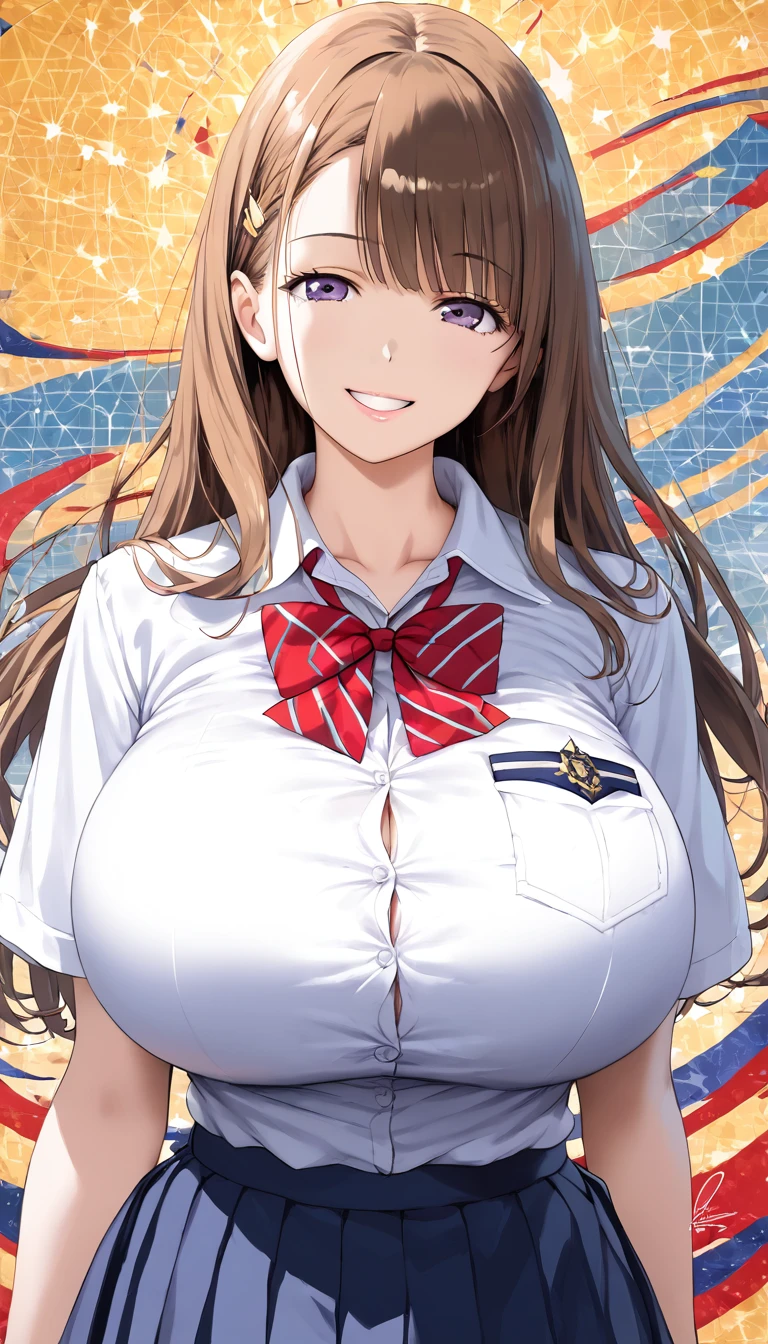 (Masterpiece quality, High resolution, Detailed Background:1.25), (1. High school girl), High School Uniform, nice, , (Big Breasts:1.5), Staring at the audience, smile