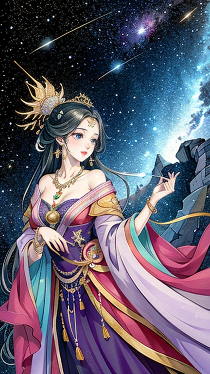 （masterpiece，Best Quality，High resolution, Unity8k wallpaper, Official Art), (One young beautiful girl), colorful, Detailed illustration art, Super detailed，Large Breasts, (Intertwined, Datura stramonium, Tangle), The Goddess, White lace dress, Silver Tiara, necklace, earrings, Gold Bracelet, Off the shoulder, Look at me and smile, Divine Light, Like a painting, flash drawing，Vibrant colors, Perfect Majic, Fantasy World, background, star雲, star, milky way, Detailed digital art, 