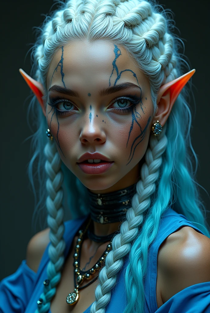 Scarlett Johansson as a Cyberpunk Elf, (((Cyberpunk Skyline in background))), Neon Lighting, (((Sunset))), Tyndall Effect, Elf Maiden and Elf Queen, 20 & 28 Years Old, Silver Crown, BREAK (((Tribal face Tattoos))), BREAK (((Tribal Cheek Tattoos))), BREAK (((face piercings))), (((pointy elf ears))) BREAK, (((Silver Gradient Hair))), (((Ice Blue Eyes))), Big Cute Eyes, Extreme Light and Shadow, (((White Exo suit style Dress, Neon Highlights))), ((Best quality)), ((masterpiece)), (highly detailed:1.3), 3D, beautiful (cyberpunk:1.3), bold colours and patterns, eye-catching accessories, trendy and innovative hairstyle, vibrant makeup, neon signs, LED lights, bright and vivid color scheme, detailed skin texture, detailed cloth texture, beautiful detailed face, intricate details, ultra detailed, best quality, ultra high res, (photorealistic: 1.4), Raw photo, by Ellen von Unwerth, Nikon D850 Film Stock Photography, F1.6 Lens, Rich Colors, Realistic, Cinestill 800, backlight, rimlighting, studiolighting