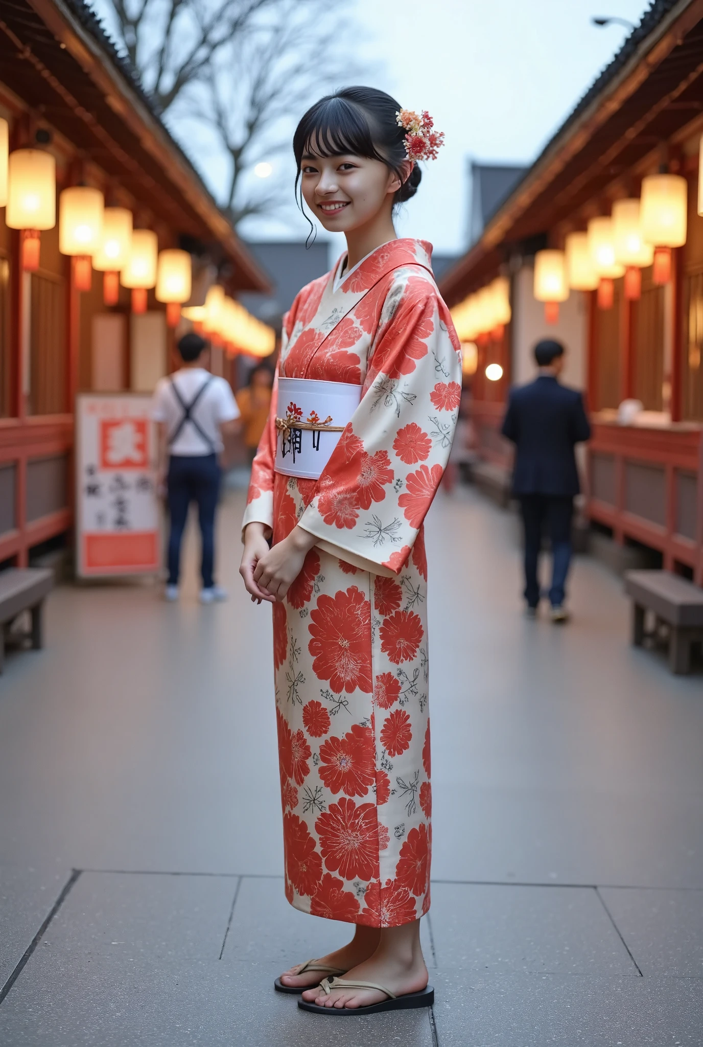 portrait photo. JGPR, 1girl, updo hairstyle, Kimono, obi, barefoot and wearing clogs. in half turned pose. She bowed her thanks. Japanese festivals, shrine paths, lanterns and food stall lights.