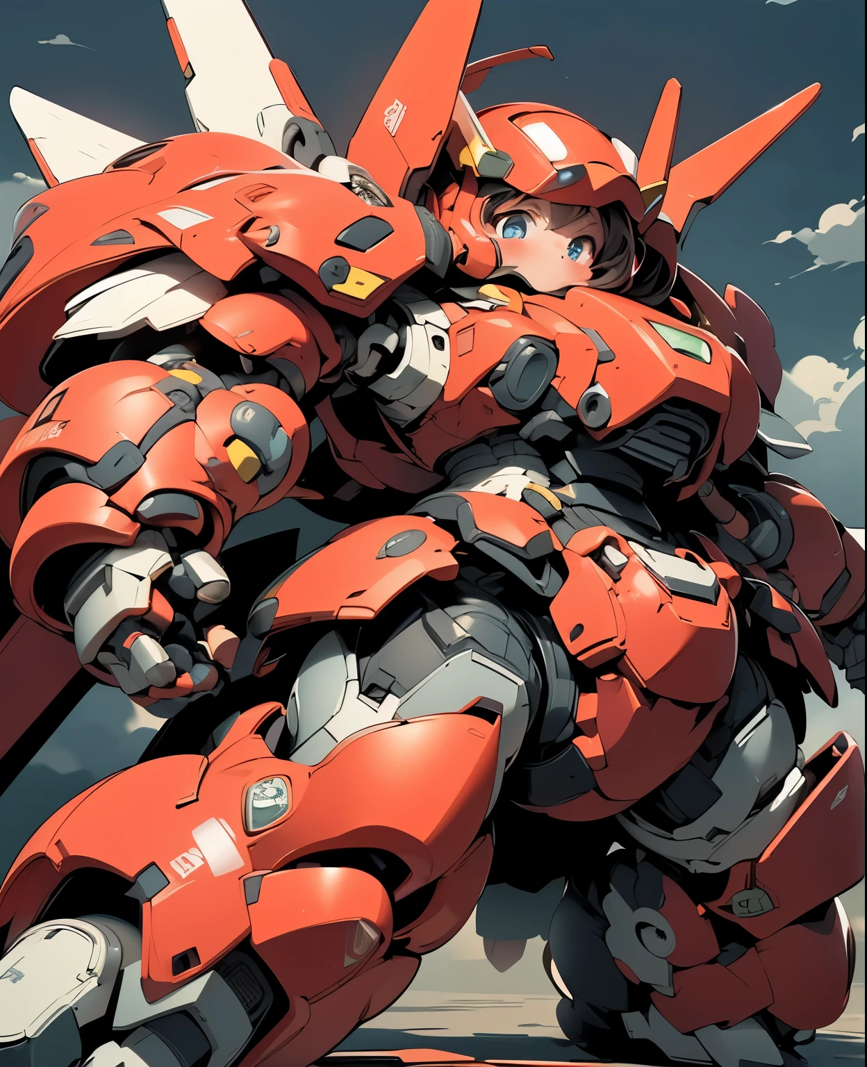 A close up of a robot standing on a platform with a sky background ...