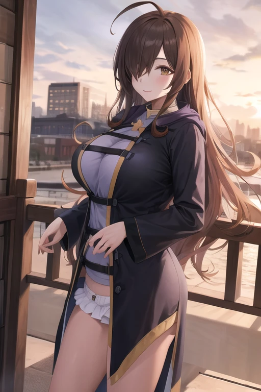 masterpiece, best quality, highres, 1 , Aawiz, Long hair, ahoge, hair over one eye, big breasts, Bathrobe , long sleeves, Standing, city, outdoor, cowboy shot black panties bare breasts 