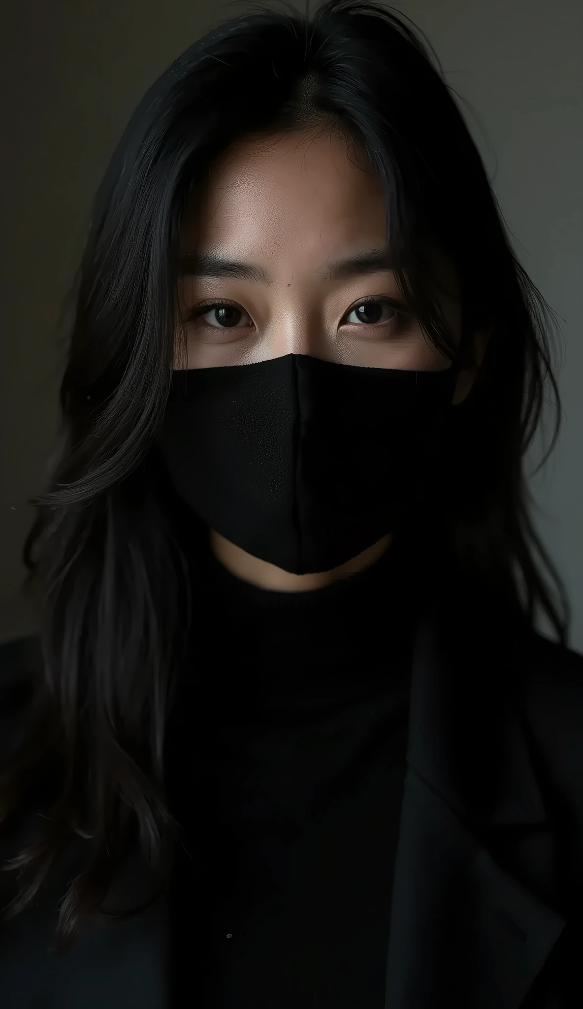 Victorian era superior egotistical sovereign fashionable asian female deadpan annoyance with asian eyelashes and black eye liner an attitude vengeance she adorn with loose shirt hip hop scarf balaclavas