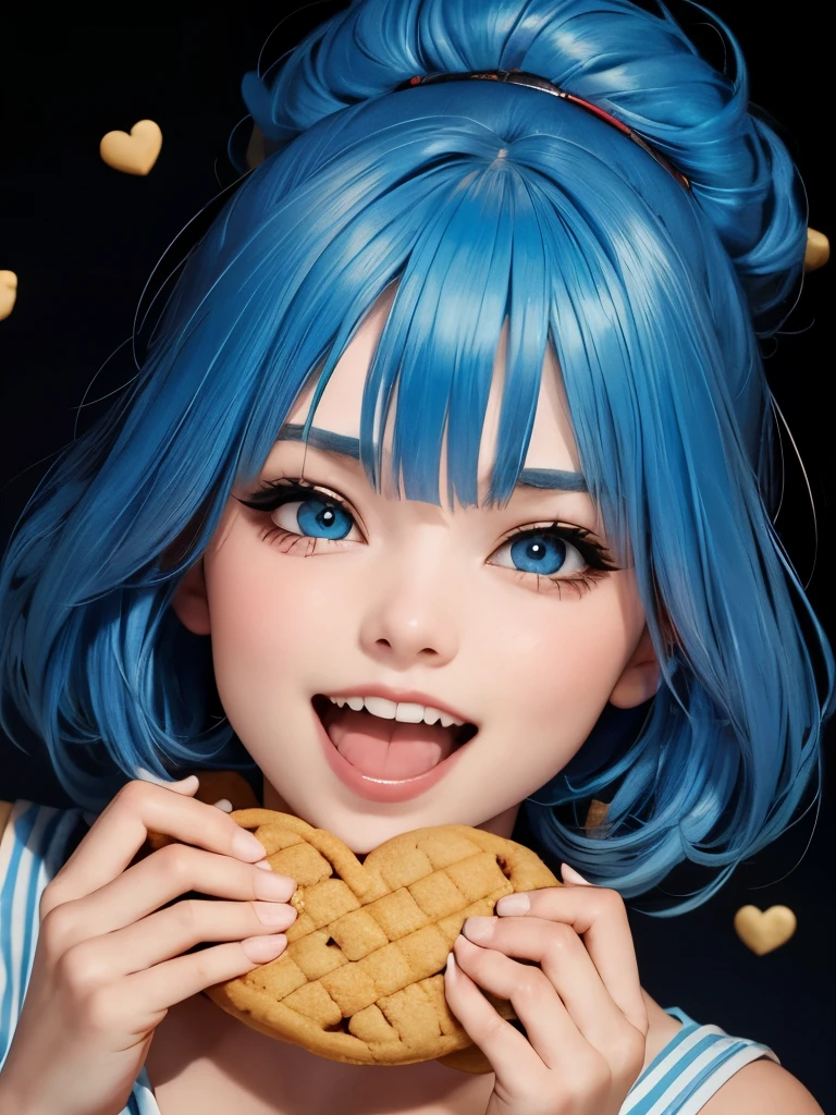 blue hair,  a girl laughing, open mouth, background full of cookies,