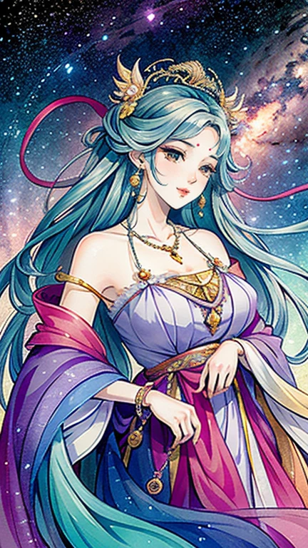 （masterpiece，Best Quality，High resolution, Unity8k wallpaper, Official Art), (One young beautiful girl), colorful, Detailed illustration art, Super detailed，Large Breasts, (Intertwined, Datura stramonium, Tangle), The Goddess, White lace dress, Silver Tiara, necklace, earrings, Gold Bracelet, Off the shoulder, Look at me and smile, Divine Light, Like a painting, flash drawing，Vibrant colors, Perfect Majic, Fantasy World, background, star雲, star, milky way, Detailed digital art, 