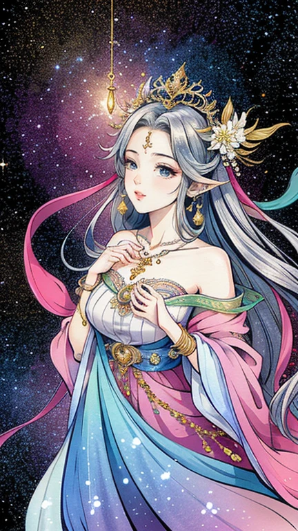 （masterpiece，Best Quality，High resolution, Unity8k wallpaper, Official Art), (One young beautiful girl), colorful, Detailed illustration art, Super detailed，Large Breasts, (Intertwined, Datura stramonium, Tangle), The Goddess, White lace dress, Silver Tiara, necklace, earrings, Gold Bracelet, Off the shoulder, Look at me and smile, Divine Light, Like a painting, flash drawing，Vibrant colors, Perfect Majic, Fantasy World, background, star雲, star, milky way, Detailed digital art, 