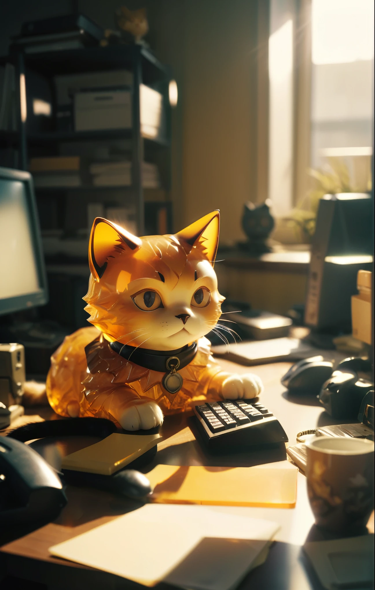 analog film photo. ambr1 a cute cat sitting at his desk working hard on his computer to generate more images of anime girls with big . cinematic . Hard light, hard shadows, faded film, desaturated, 35mm photo, grainy, vignette, vintage, Kodachrome, Lomography, stained, highly detailed, found footage