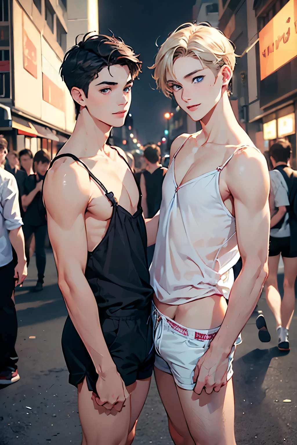 ((Artwork)), (best quality), ((2 male, gays, male gender,  adult human, boy face, petit body, cute)), gazing at viewer, (big smile), ((blue eyes, long dark hair)), happy, ( chemise, short shorts), standing, feminine mannerism. On a crowded streets with his( blonde gay boyfriend, gay relationship), 